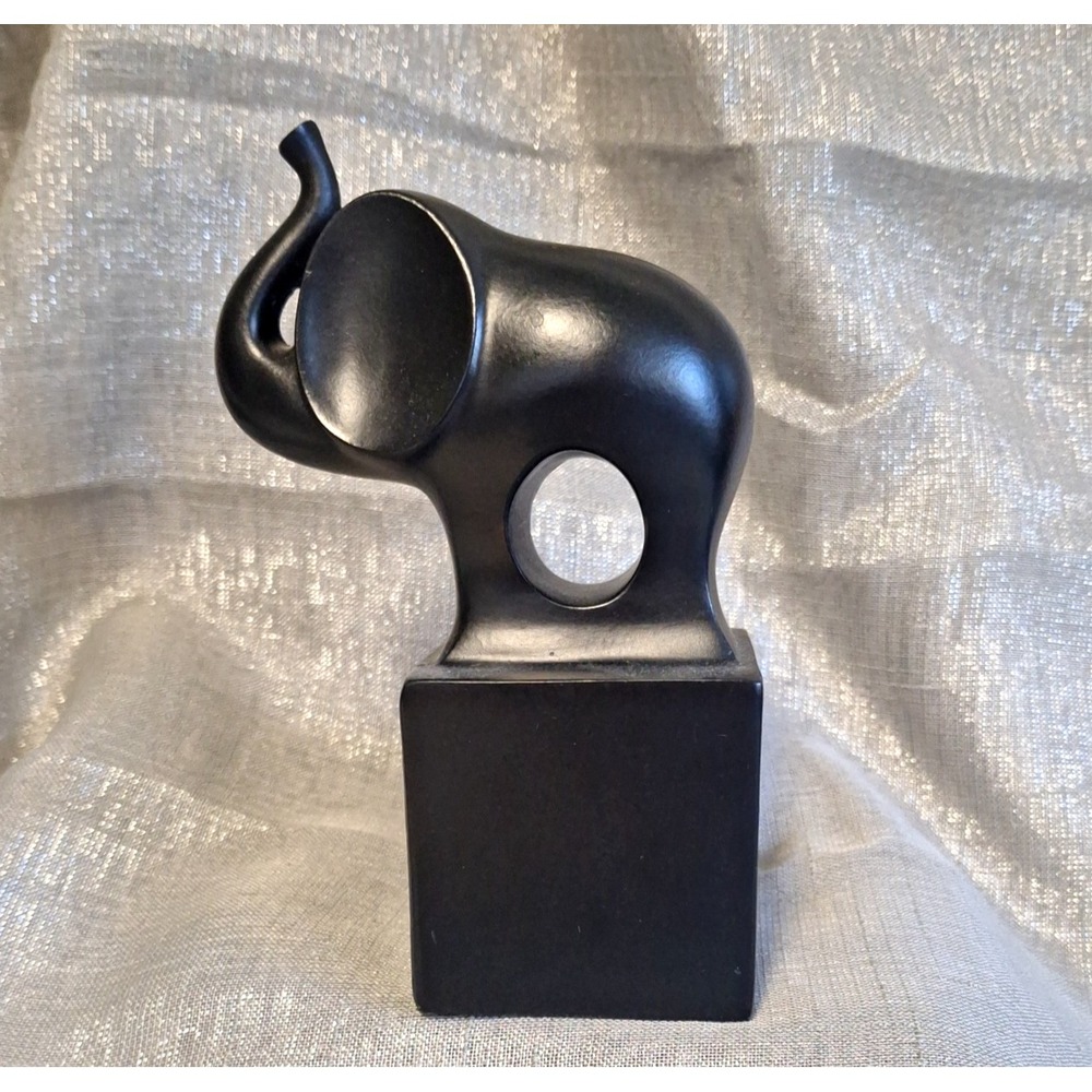 Modernist Elephant Sculpture Matte Black Ceramic Decor Statue 7.5" Block Plinth